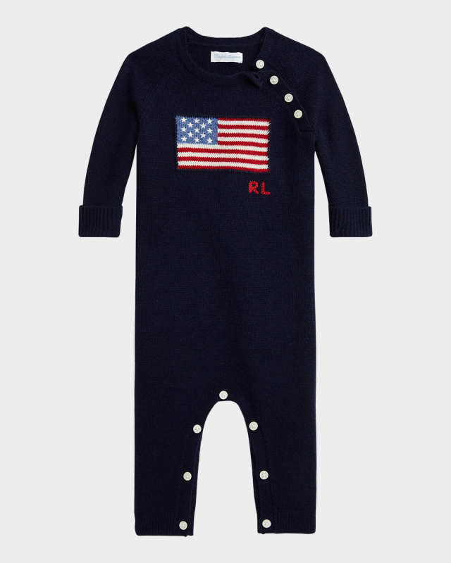 Boy's American Flag Cashmere Romper, Size Newborn-